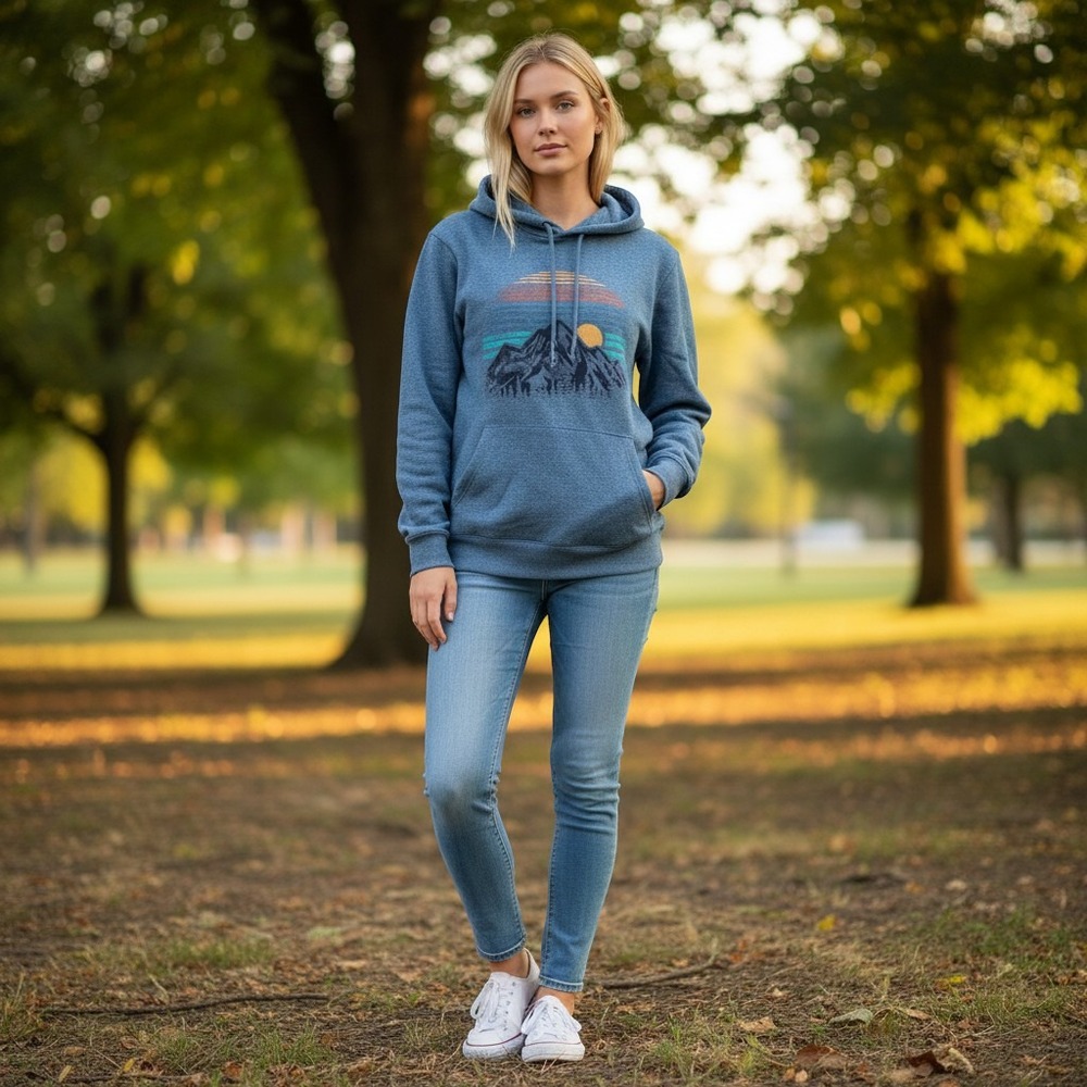NWOT: Sweatshirt Hoodie Women's M Blue Gray Mountains Outdoors Sunrise (J488) - Picture 1 of 7